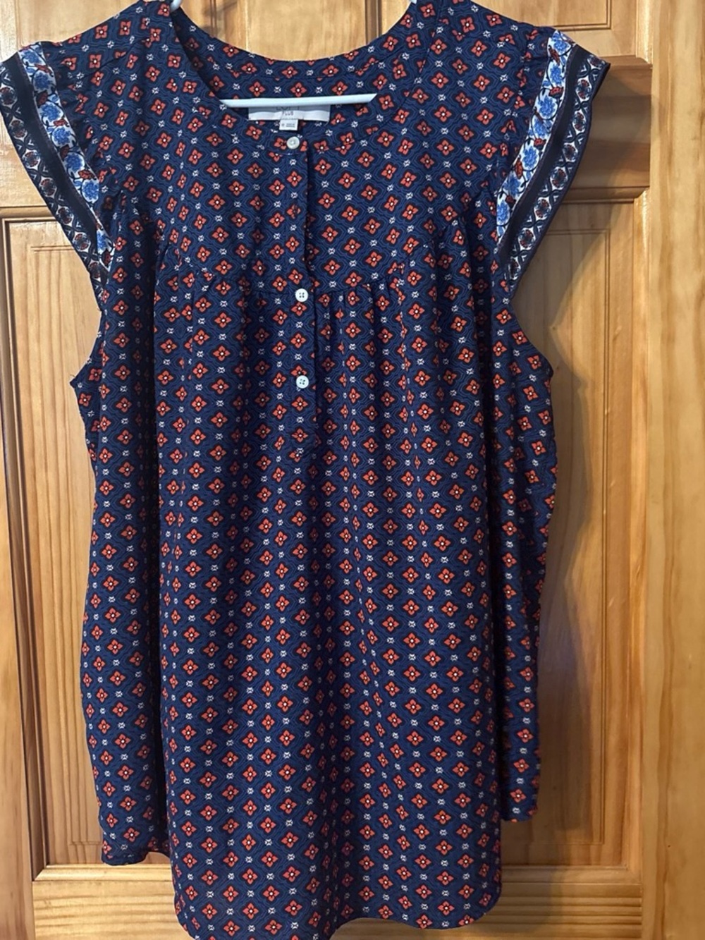 LOFT Navy Blouse with Red Geometric Print and Blue Floral Trim